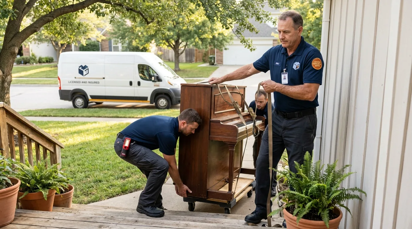 Licensed piano movers securing grand piano in Midway, GA