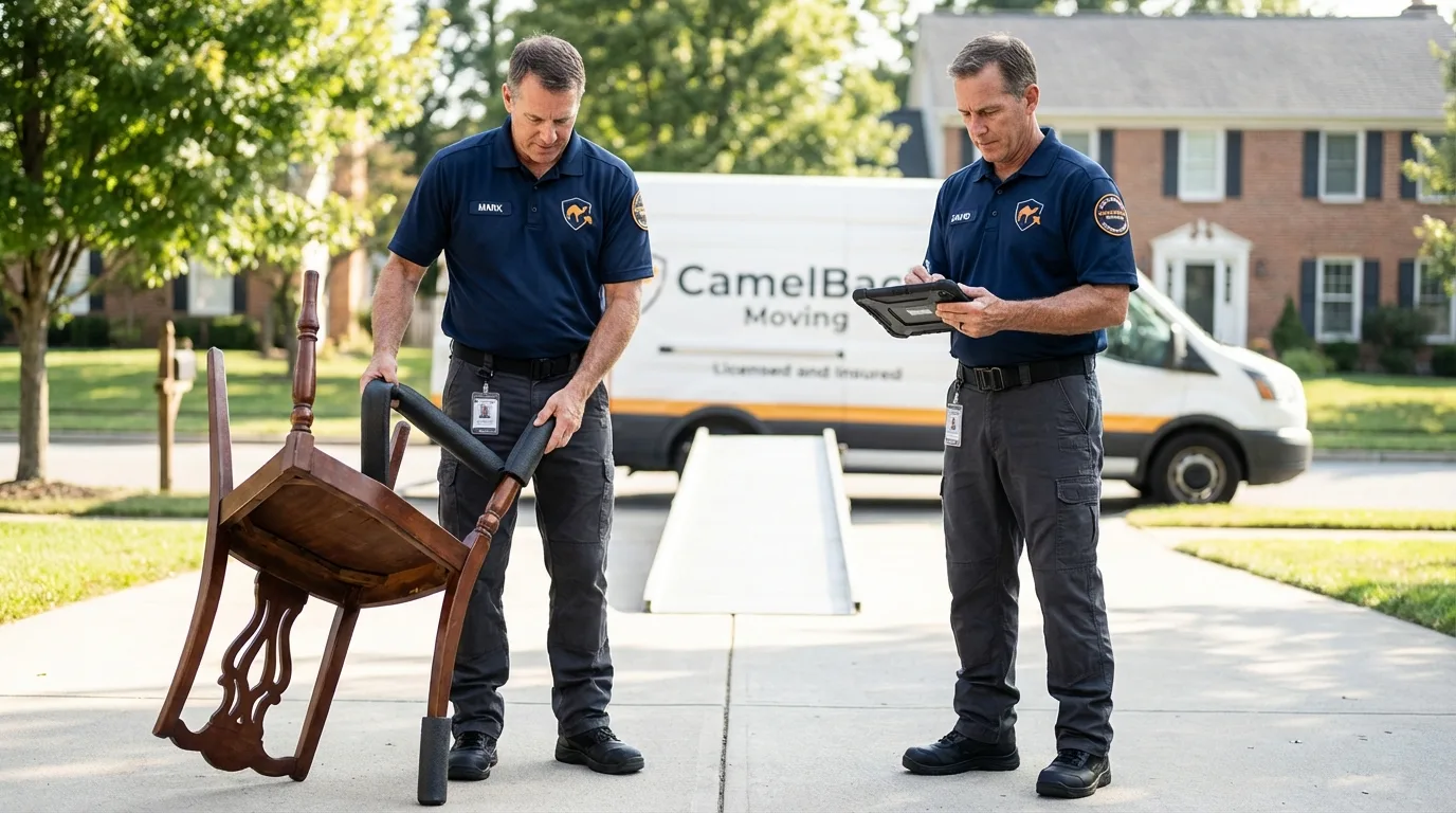 Movers inspecting furniture for damage prevention before loading in Midway, GA