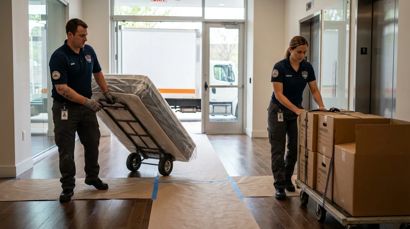 Professional apartment movers loading elevator in Midway, GA